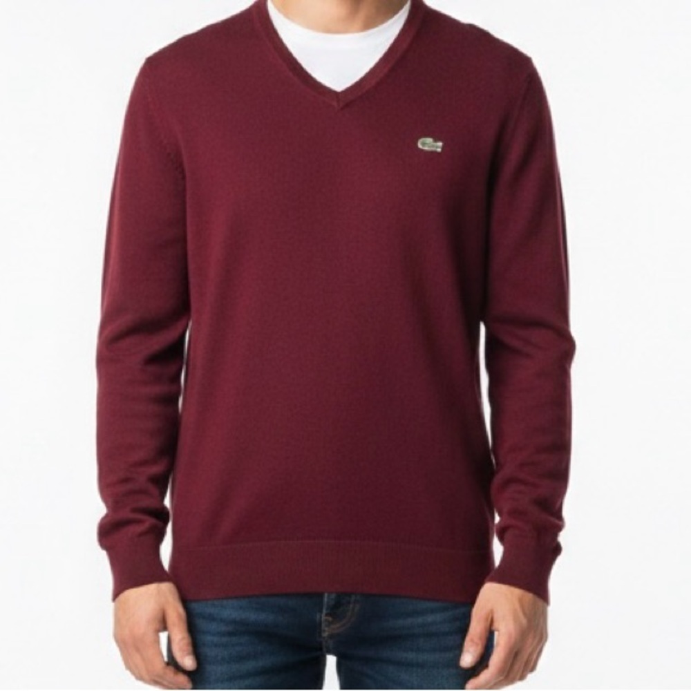 Lacoste Men's Burdeos, granate o "maroon color.‎ V-Neck Sweater. size L.